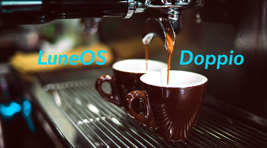 A coffee machine fills twin cups: Doppio