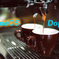 A coffee machine fills twin cups: Doppio